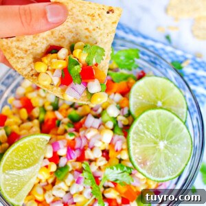 Fresh Corn Salsa Recipe: Zesty Vegan Side for Tacos & Chips 8 A hand holding a tortilla chip dipped into a vegan corn dip, veggie corn salsa. The corn salsa is made of corn, peppers, onion, cilantro, and lime.