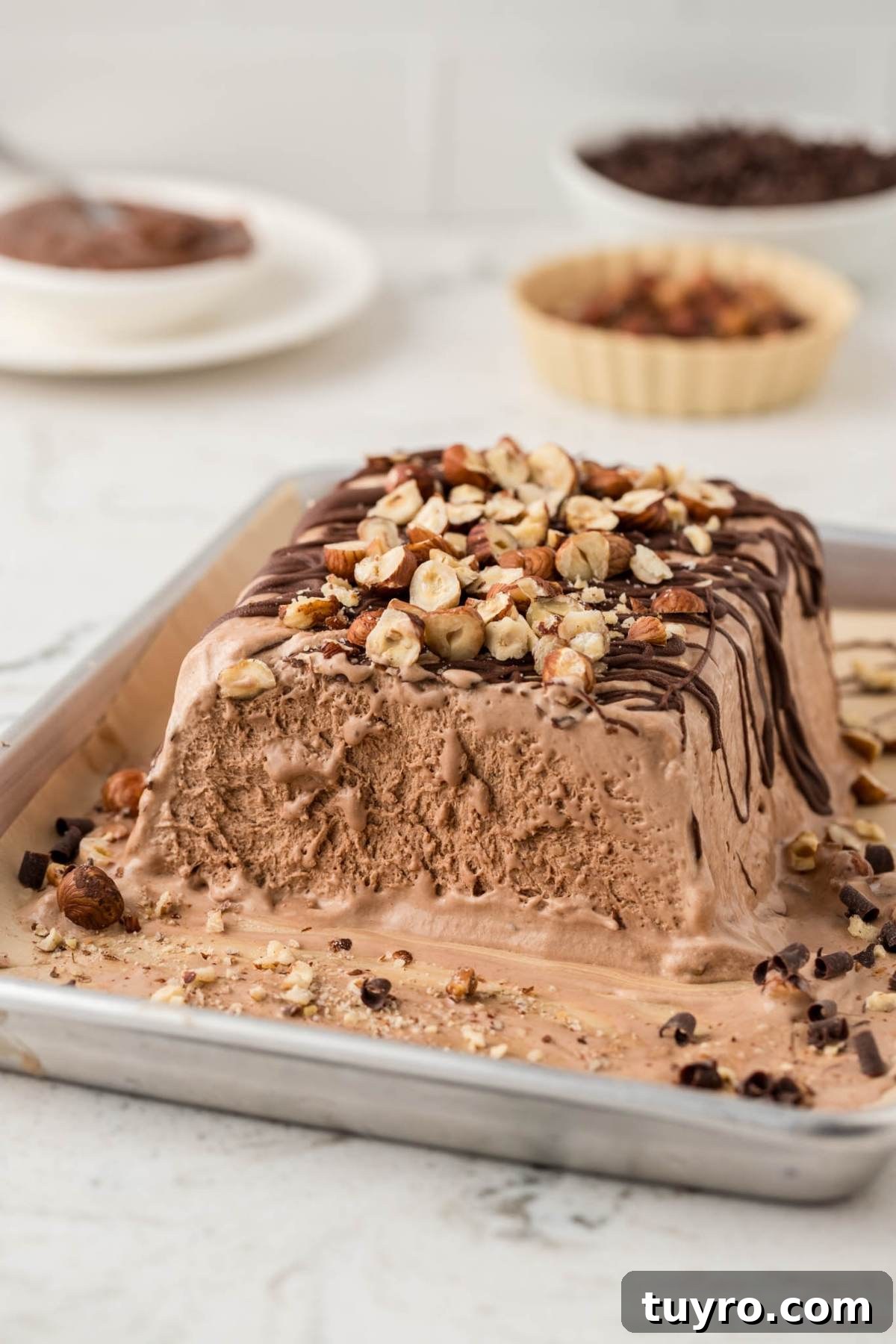 Chocolate semifreddo topped with chopped nuts and chocolate drizzle on a tray, with bowls in the background.