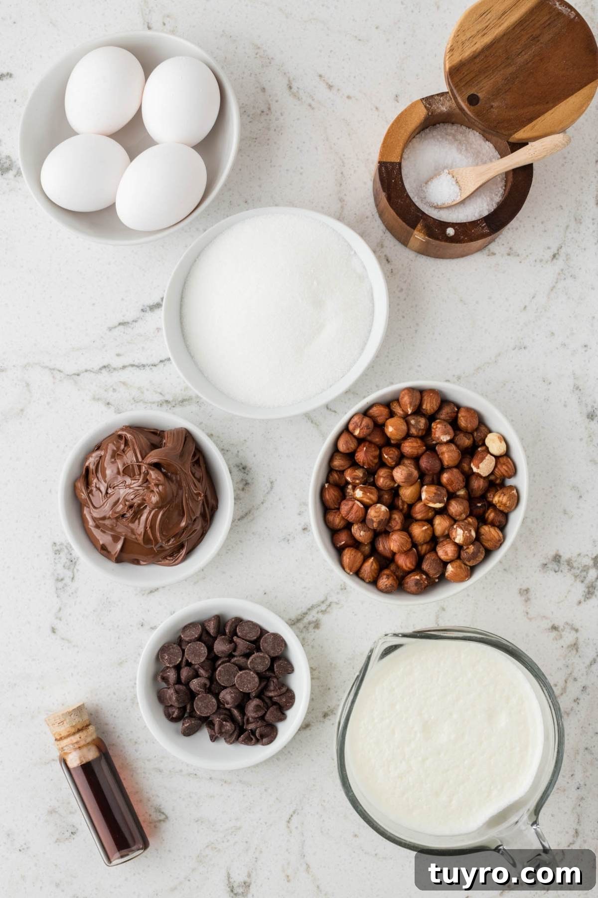 Baking ingredients on a counter: eggs, sugar, salt, hazelnuts, chocolate chips, Nutella, milk, and vanilla extract.