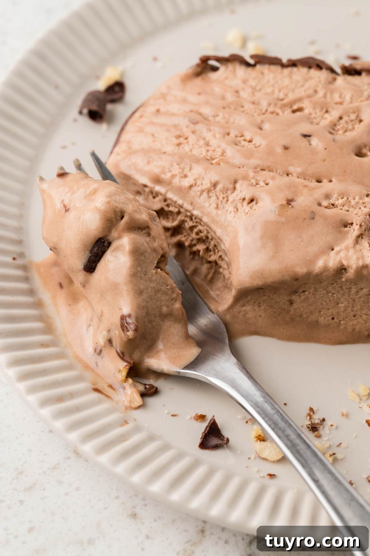 A fork with a bite of creamy chocolate ice cream on a plate, with chocolate chunks scattered around.