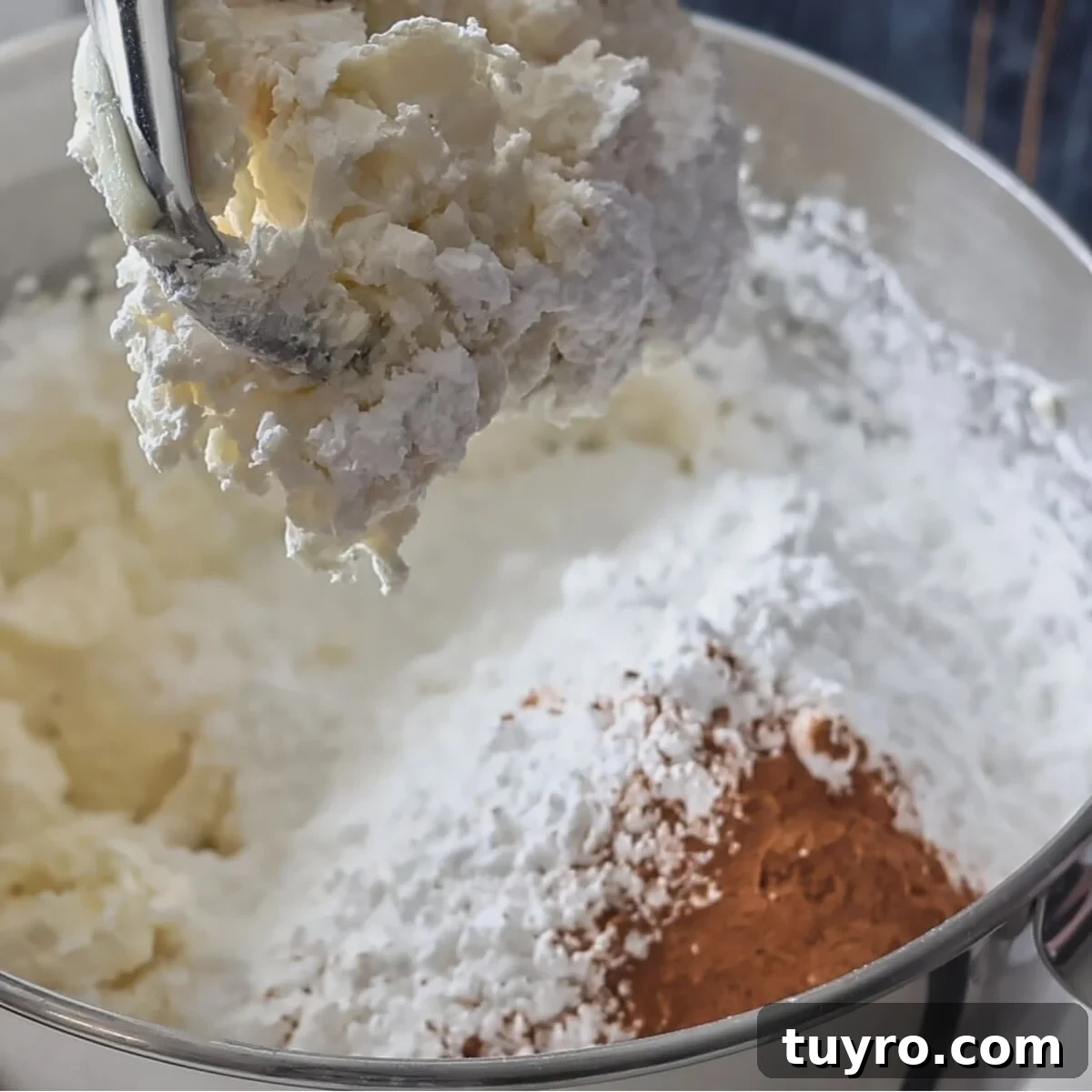 powdered sugar and cinnamon added to butter in stand mixer bowl.