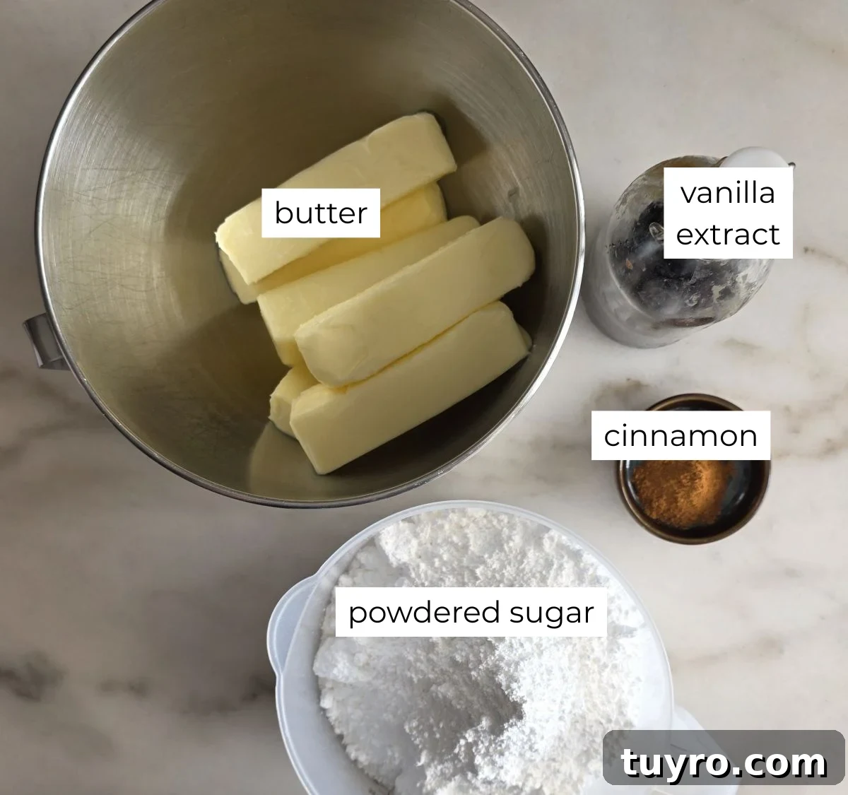 buttercream ingredients measured out and labeled.