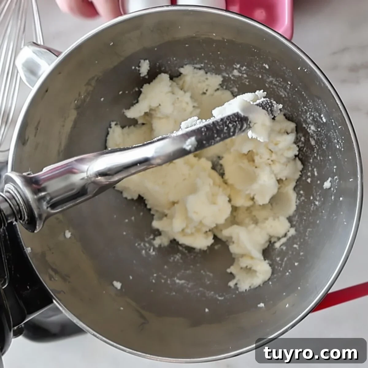 creamed butter and sugar in stainless steel stand mixer bowl.