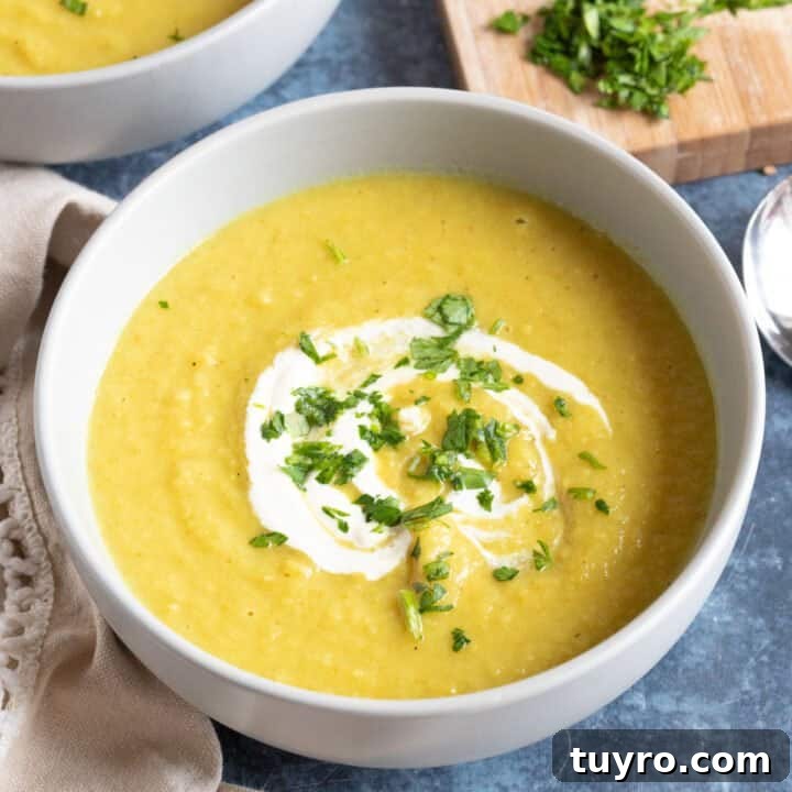 A bowl of curried parsnip and Bramley apple soup.