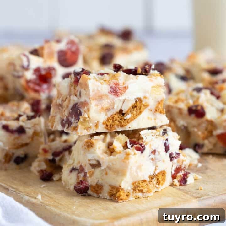 A stack of white chocolate tiffin slices.