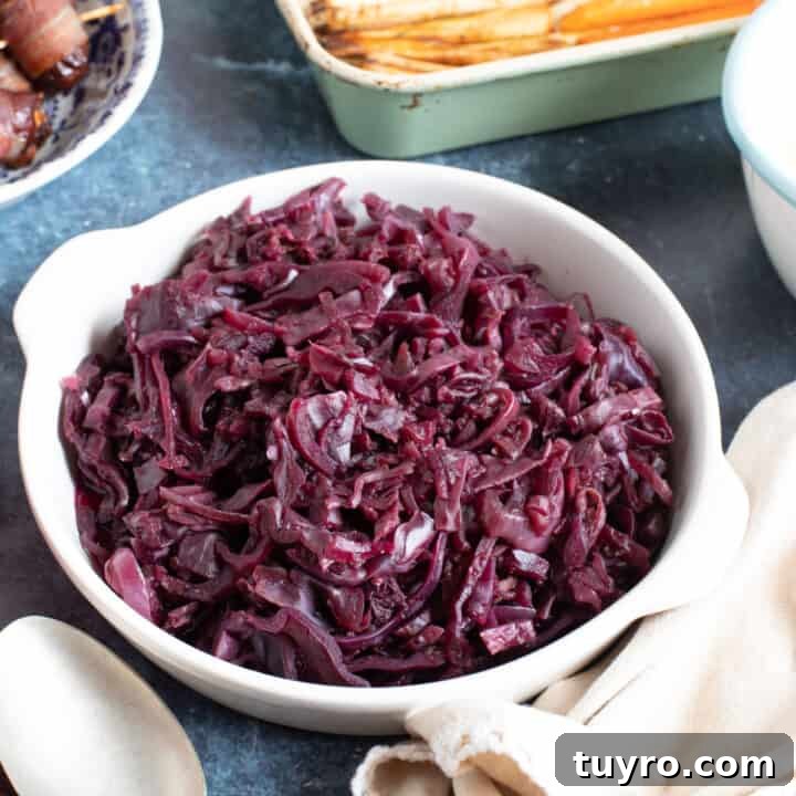 Slow cooker red cabbage in a serving dish.