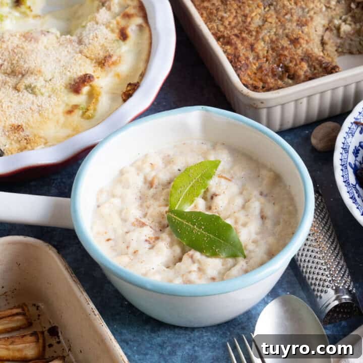 Bread sauce with bay leaves.