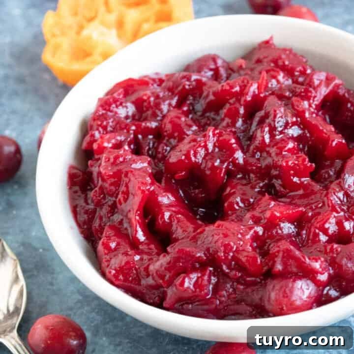 Homemade cranberry sauce in a white bowl.