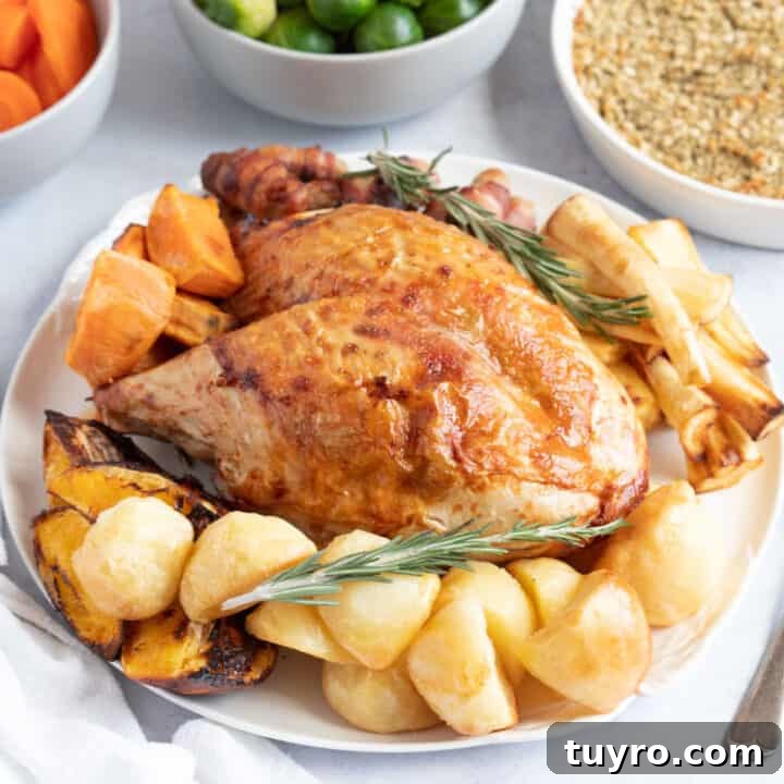 Air fryer turkey crown with roast potatoes and parsnips.