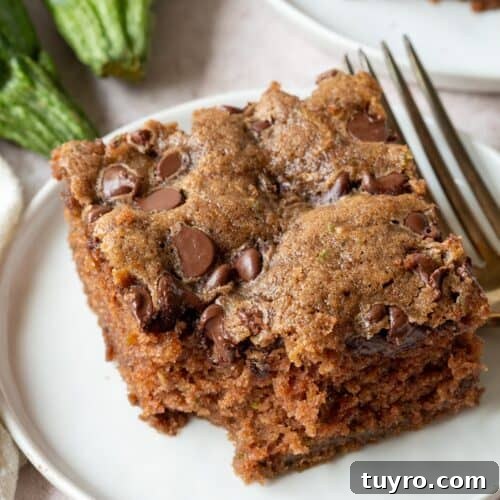 Classic Lazy Daisy Oatmeal Cake Recipe 11 slice of chocolate chip zucchini cake with a bite taken out on a white plate.