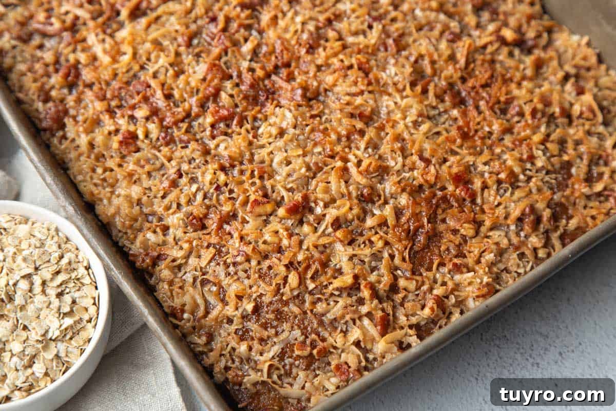 Classic Lazy Daisy Oatmeal Cake Recipe 8 whole oatmeal cake topped with pecans and coconut in a metal pan.