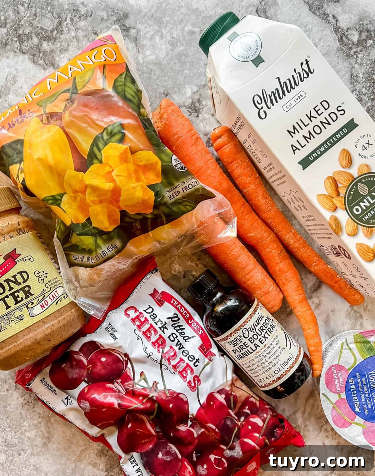 Ingredients needed to make this Cherry Mango Carrot Smoothie with Greek Yogurt.