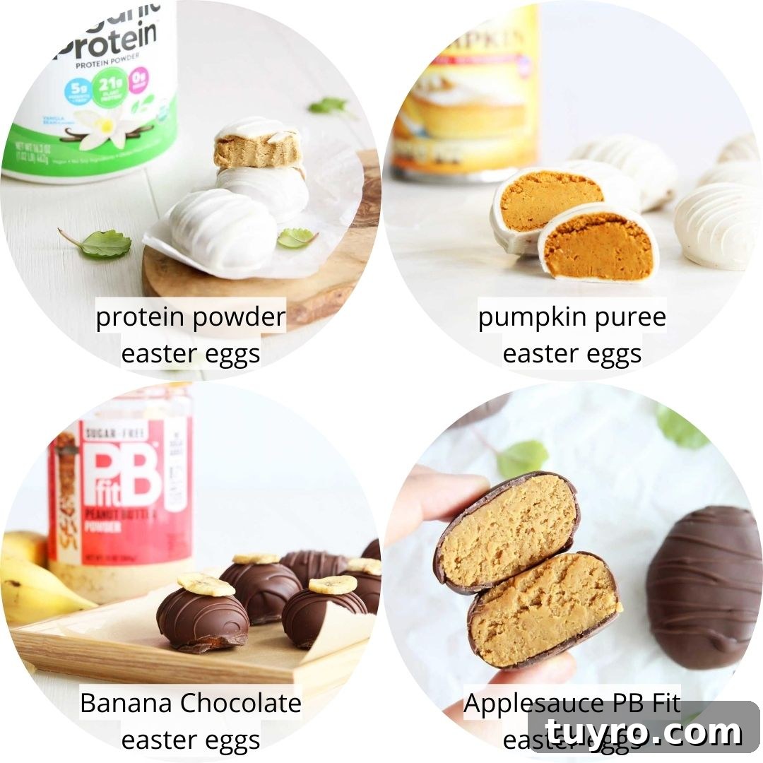 Greek Yogurt and Peanut Butter Easter Eggs Dipped in White Chocolate 11 roundup link - PB Fit easter eggs filling flavor variations