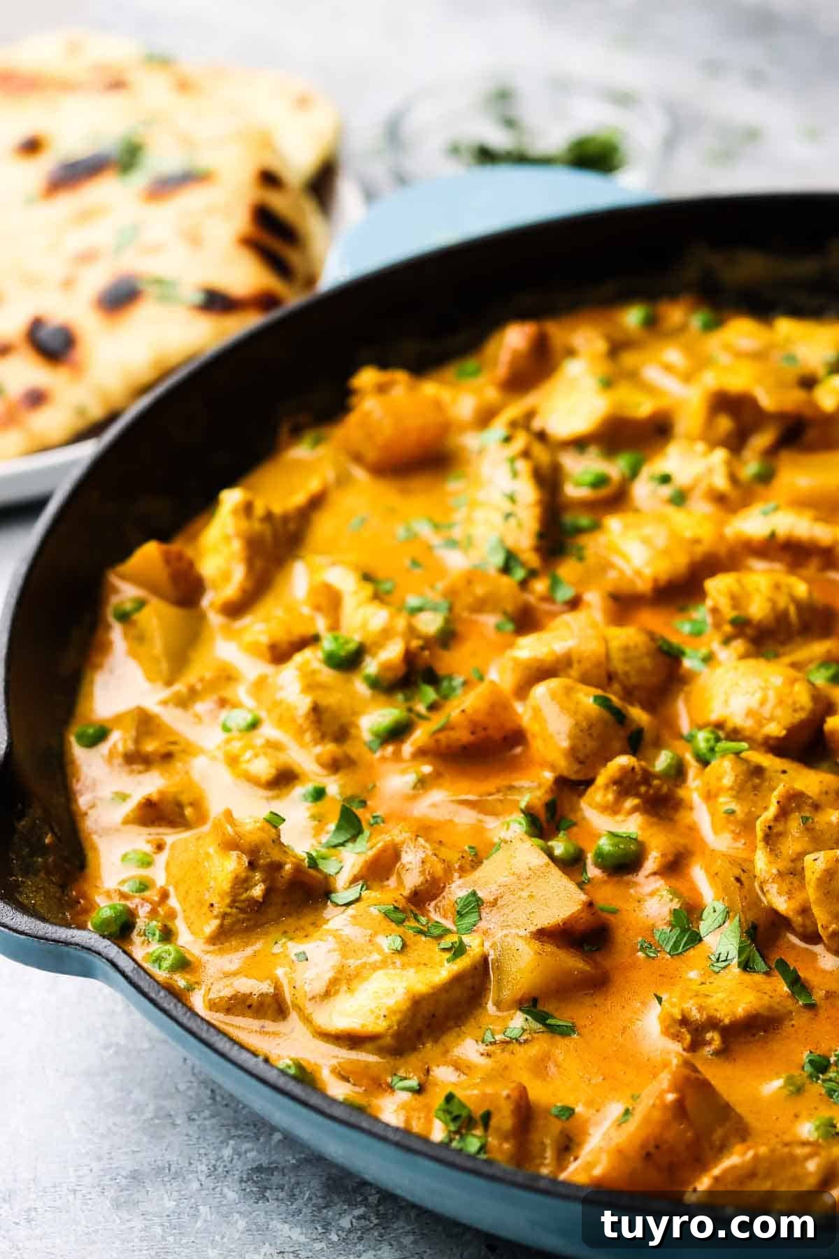 Chicken and Potato Curry Recipe 3 A cast iron pan full of chicken and potato curry garnished with cilantro, with a plate of naan bread in the background.