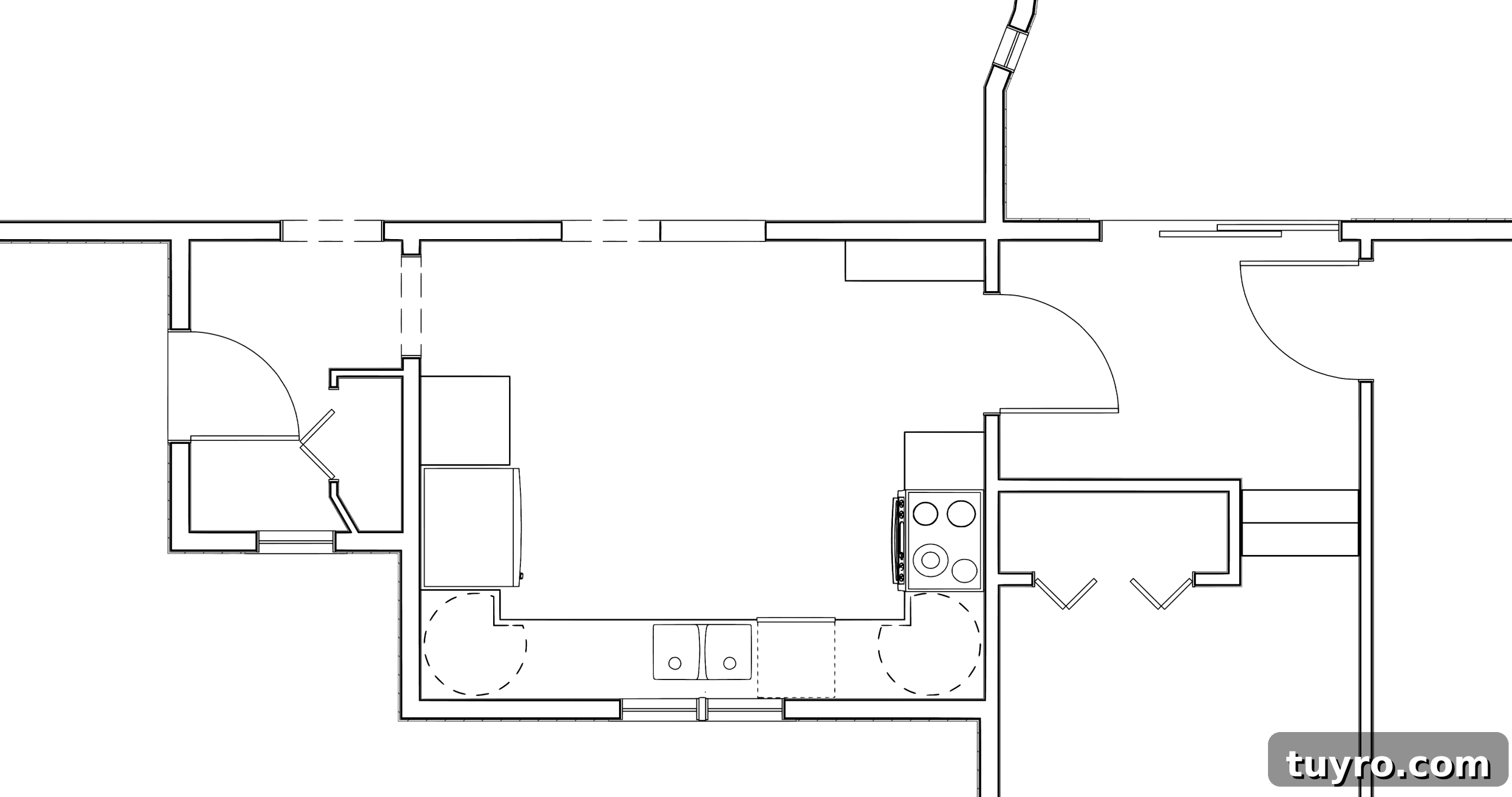 Floor plan view of original kitchen layout with walls and kitchen appliances