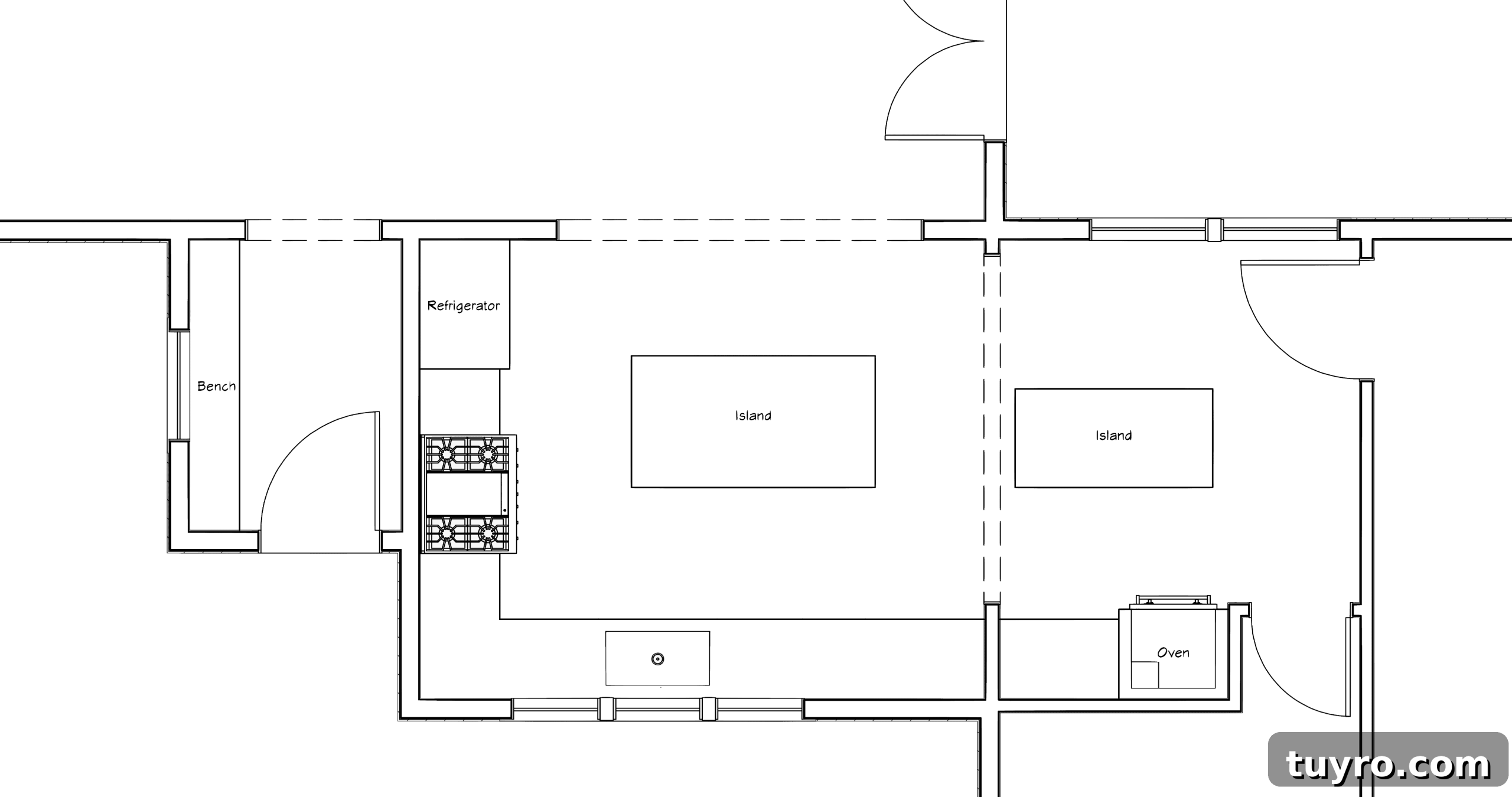 Top down floor plan view of renovated kitchen showing walls and windows and doors and kitchen appliances