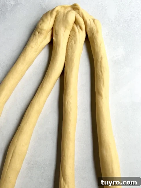 How to Braid Challah: Step-by-Step Visual Guide 5 4 strands of challah dough connected to demonstrate challah braiding.