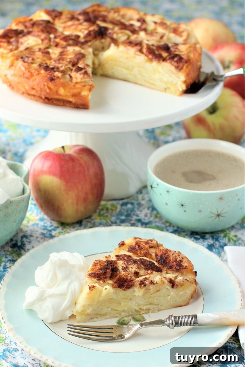 German Crustless Apple Pie — Creamy Apple-Stuffed Kuchen Recipe 2 slice of crustless apple pie with dollop of whipped cream on blue plate, pie in the background