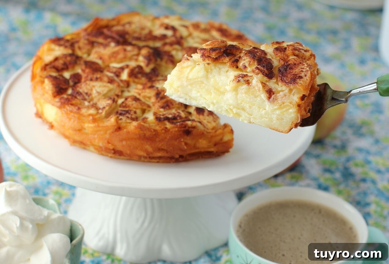 German Crustless Apple Pie — Creamy Apple-Stuffed Kuchen Recipe 13 lifting a slice of apple pie on a cake server