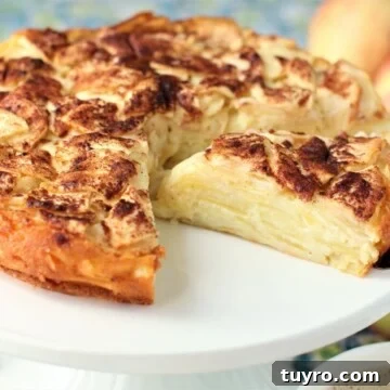 German Crustless Apple Pie — Creamy Apple-Stuffed Kuchen Recipe 14 a slice of crustless apple pie being served