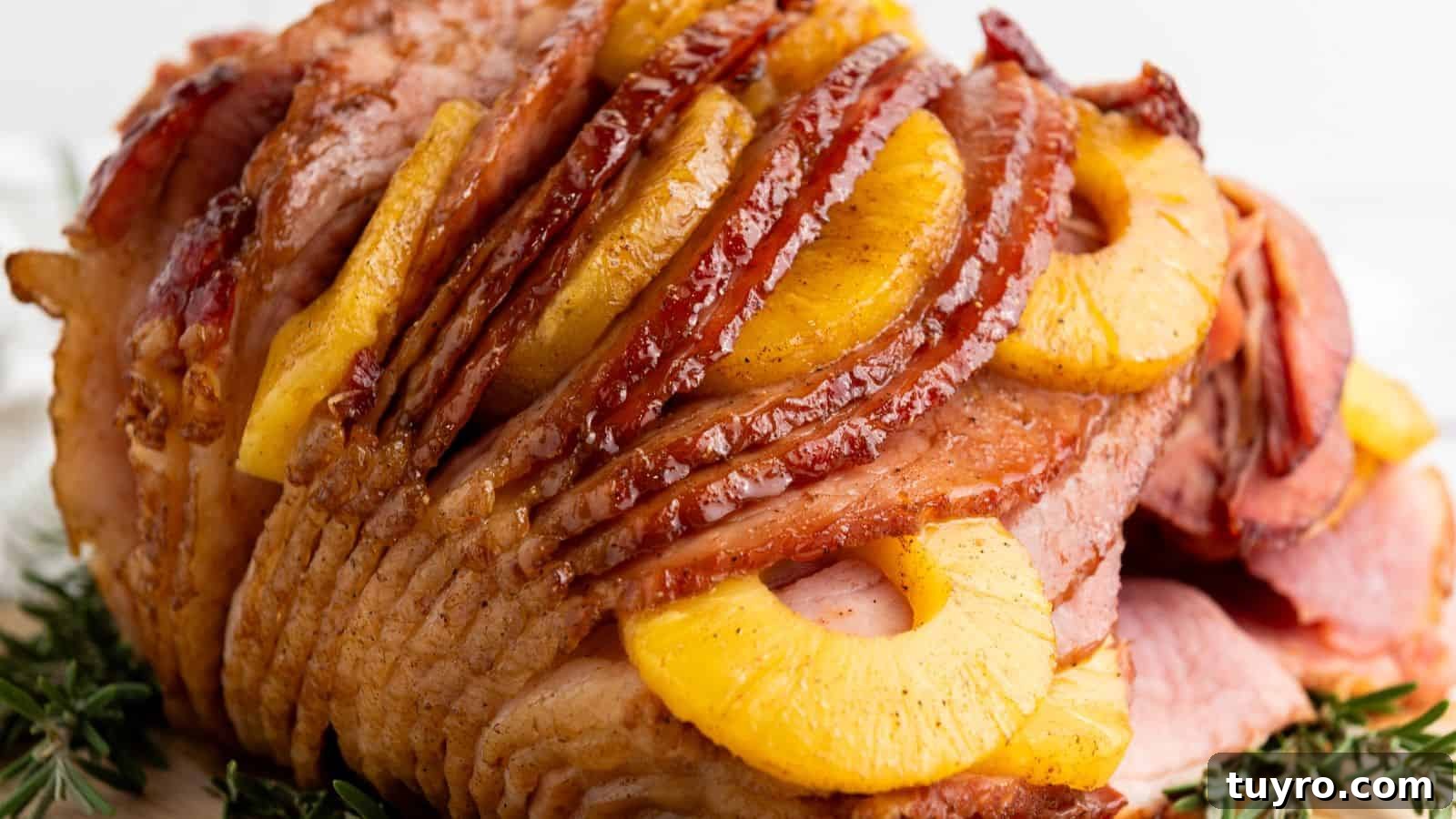 9 Ham Recipes Everyone Will Request Next Year 3 Glazed ham layered with pineapple slices and a hint of brown sugar, garnished with rosemary sprigs.