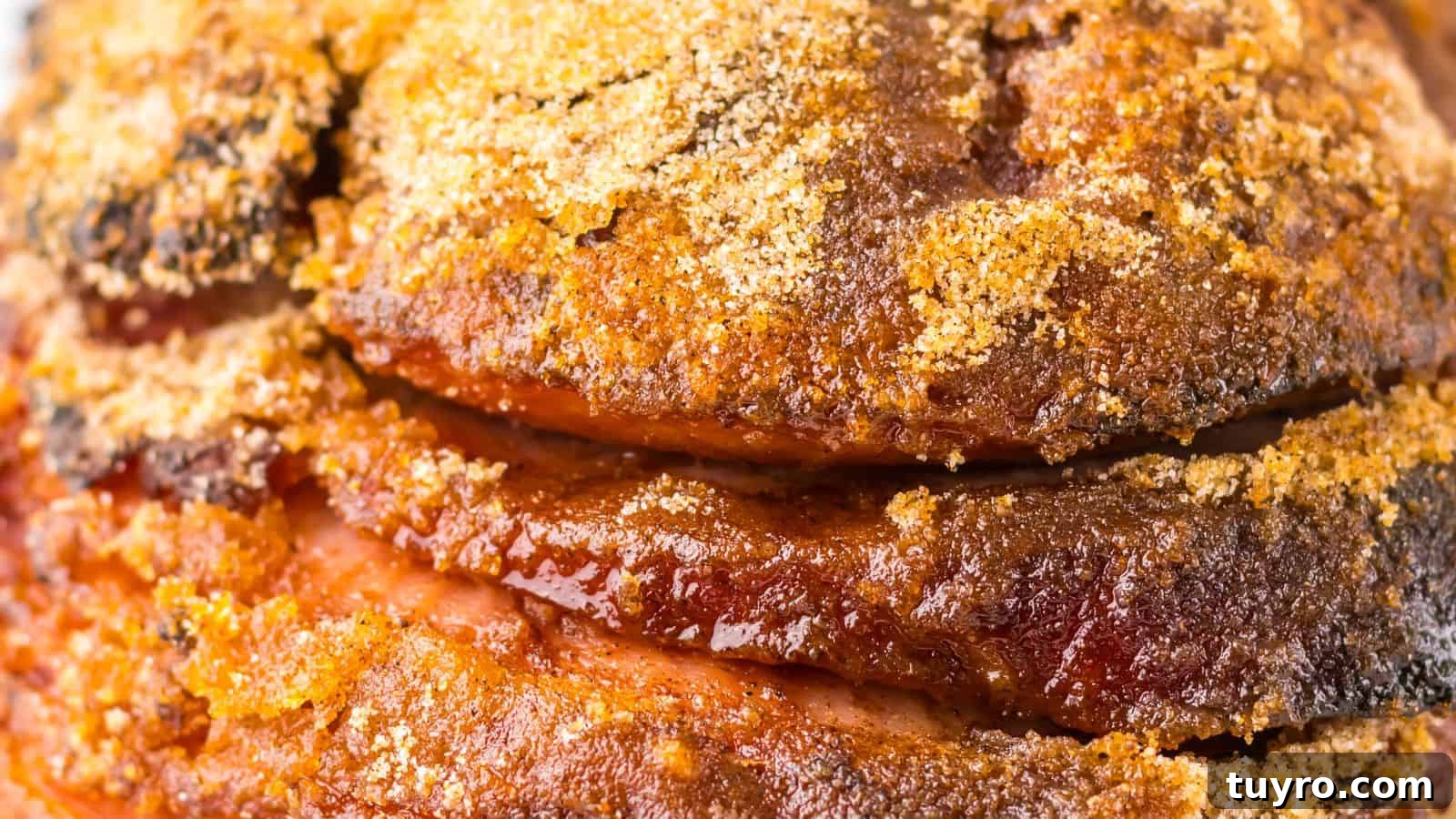 9 Ham Recipes Everyone Will Request Next Year 9 Close-up of seasoned and roasted meat with crispy edges.