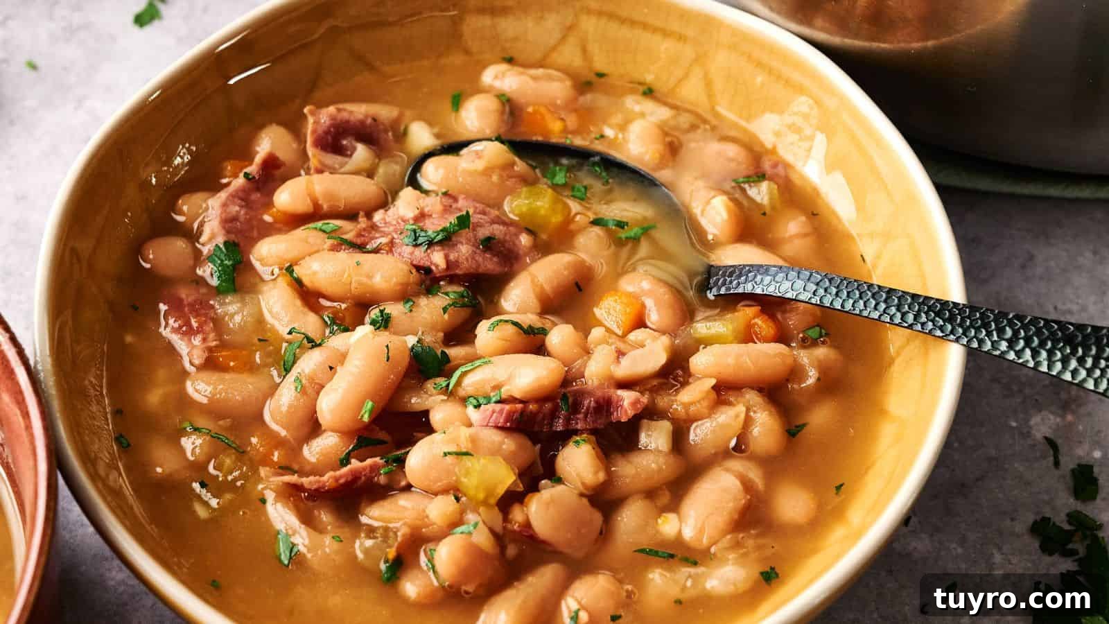 9 Ham Recipes Everyone Will Request Next Year 10 A bowl of white bean soup with pieces of ham, garnished with chopped parsley, and a spoon resting in the bowl.