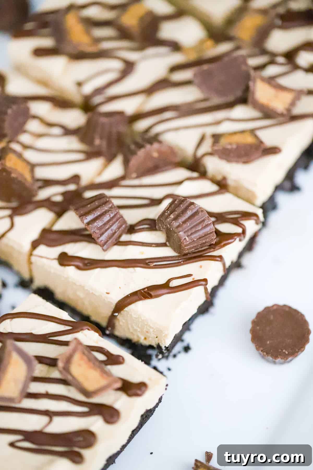 Peanut Butter Cup Protein Cheesecake Recipe 4 No-bake peanut butter cup cheesecake with chocolate drizzle on top