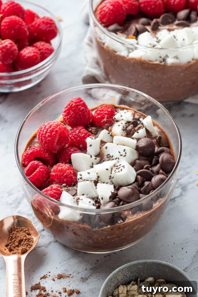 Brownie Batter Overnight Oats Recipe for Indulgent Breakfast 2 Glass bowl of chocolate overnight oats with coconut and raspberries.