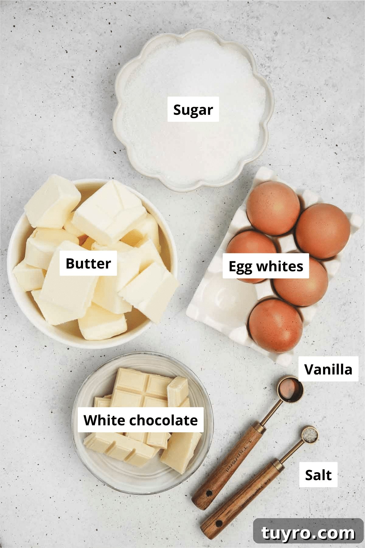 White Chocolate Swiss Meringue Buttercream Recipe 3 bowls with white chocolate swiss buttercream ingredients