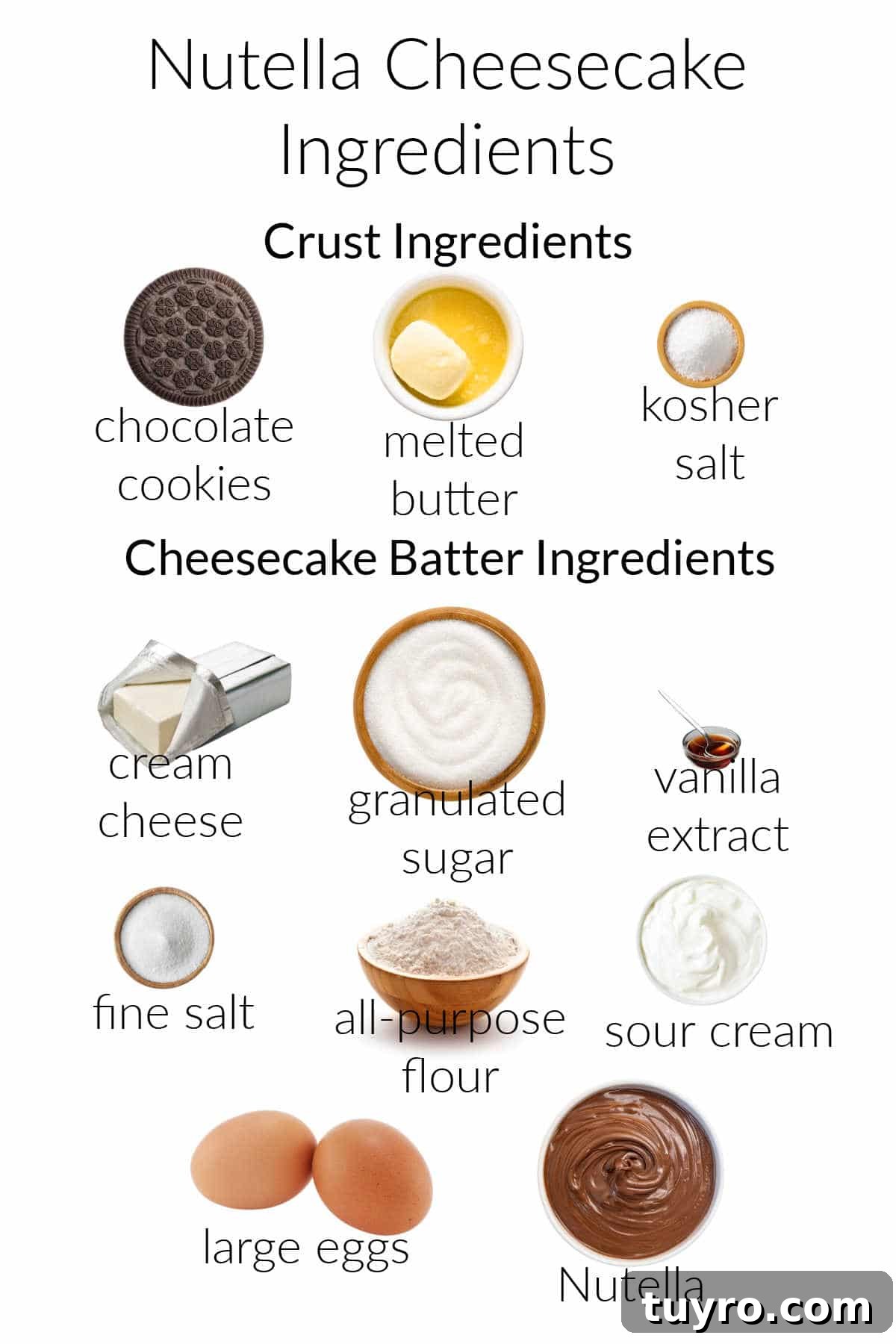Decadent Nutella Cheesecake Recipe: Creamy No-Bake Dessert 4 Collage of ingredients for making the crust and batter for Nutella cheesecake