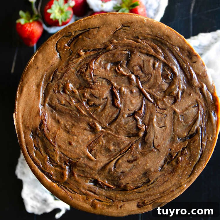 Decadent Nutella Cheesecake Recipe: Creamy No-Bake Dessert 5 A overhead shot of a whole baked Nutella swirl cheesecake.
