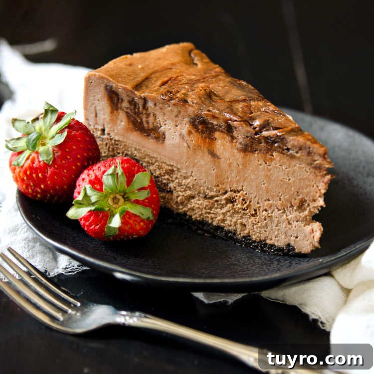 Decadent Nutella Cheesecake Recipe: Creamy No-Bake Dessert 6 A slice of nutella cheesecake on a plate with 2 fresh strawberries as garnish.
