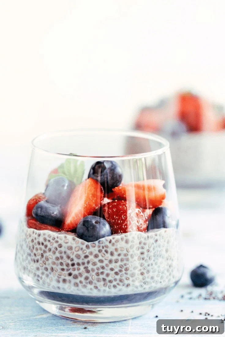 Glass cup with yogurt chia pudding topped with fresh berries