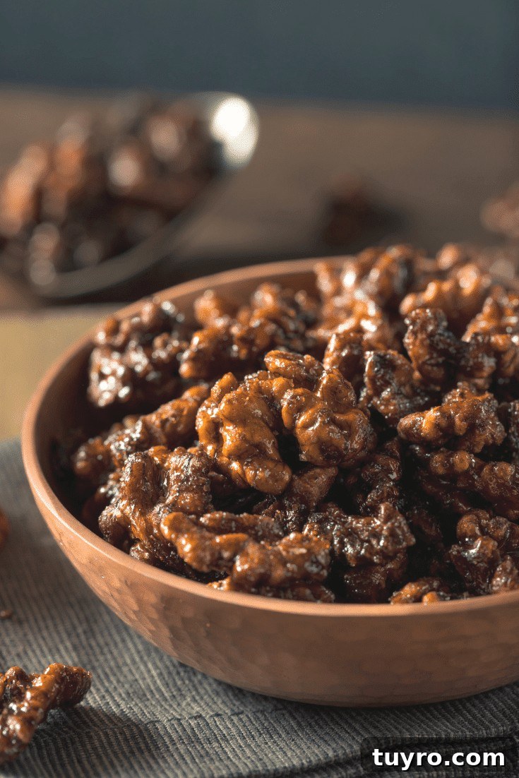 Wood bowl filled with spiced walnuts