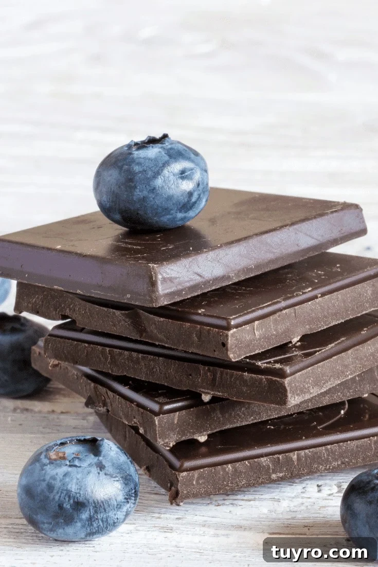 Squares of dark chocolate and blueberries