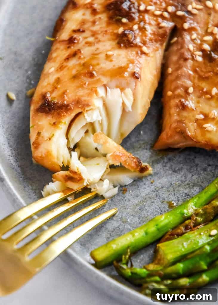 Ginger-Soy Tilapia with Broiled Asparagus Recipe 13 flaky Ginger Soy Tilapia and Broiled Asparagus on a plate with gold fork.