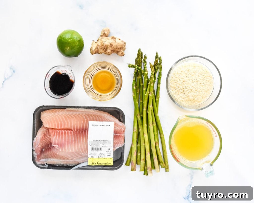 Ginger-Soy Tilapia with Broiled Asparagus Recipe 5 ingredients required to make baked tilapia and asparagus before starting the recipe.