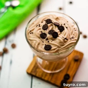 5 Ingredient Chocolate Cornstarch Pudding Recipe 7 Beautifully textured chocolate cornstarch pudding in a dessert glass. Placed on a wooden coaster on a white wooden floor. Decorated with small pieces of biscuit.