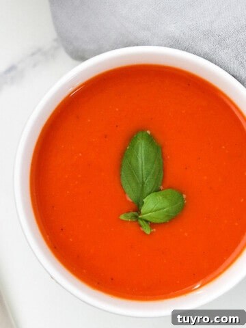 Bowl of roasted tomato red pepper soup topped with basil.