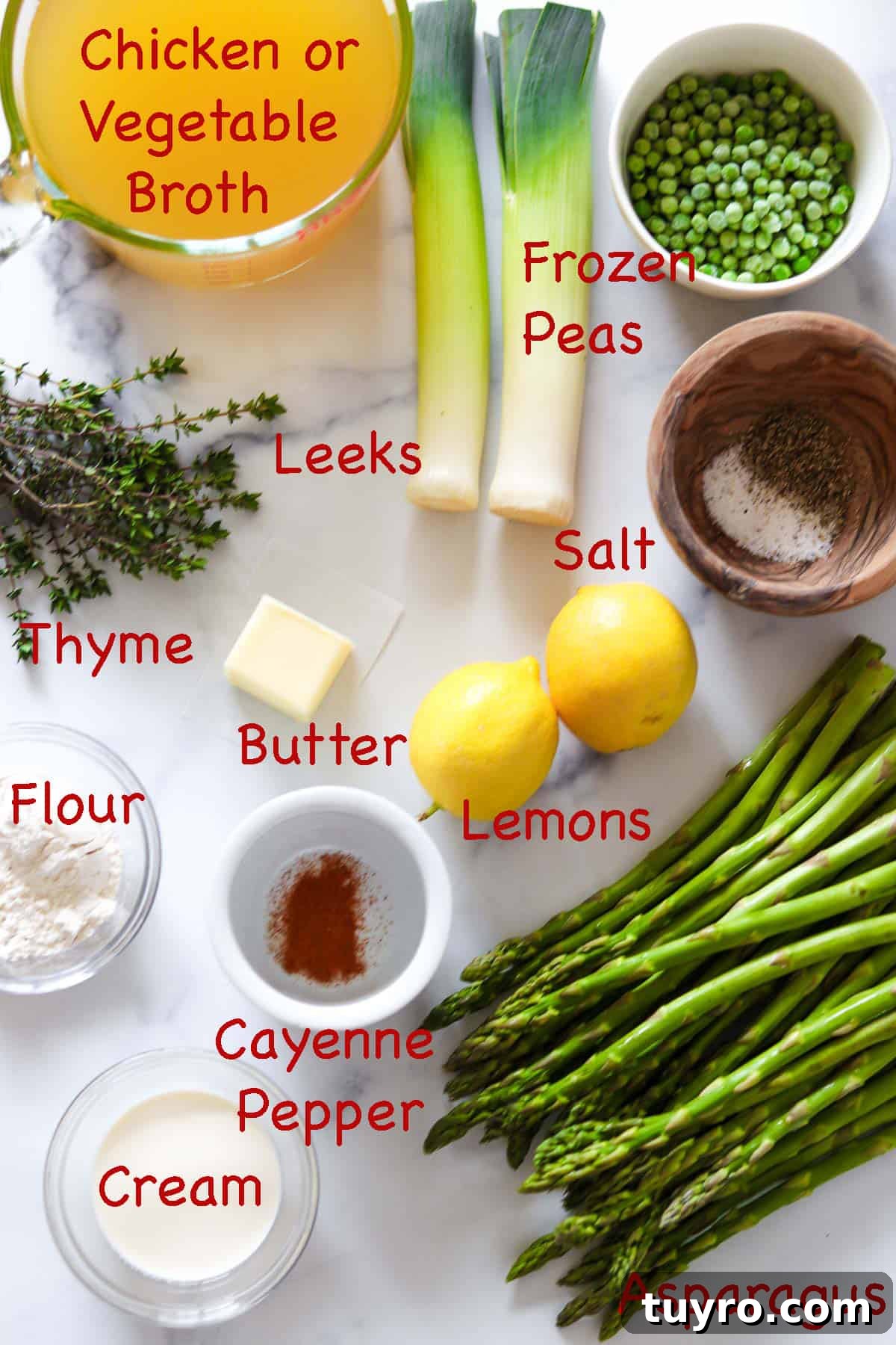 Creamy Asparagus Soup with Leeks and Peas 3 Labeled ingredients for Creamy Asparagus, Leek and Pea Soup.