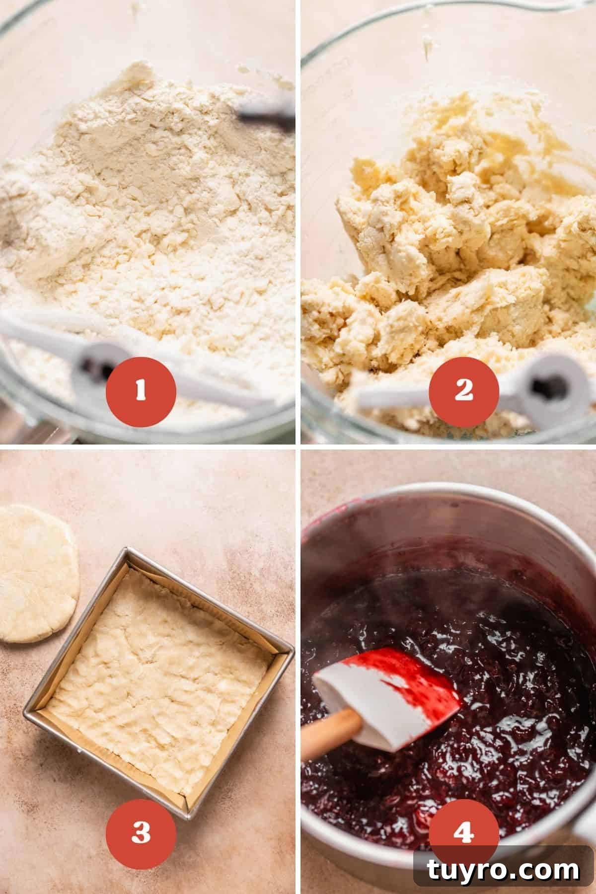 Homemade Cherry Pie Bars with Buttery Crust 3 A process collage of the steps for making cherry bars with pie crust.
