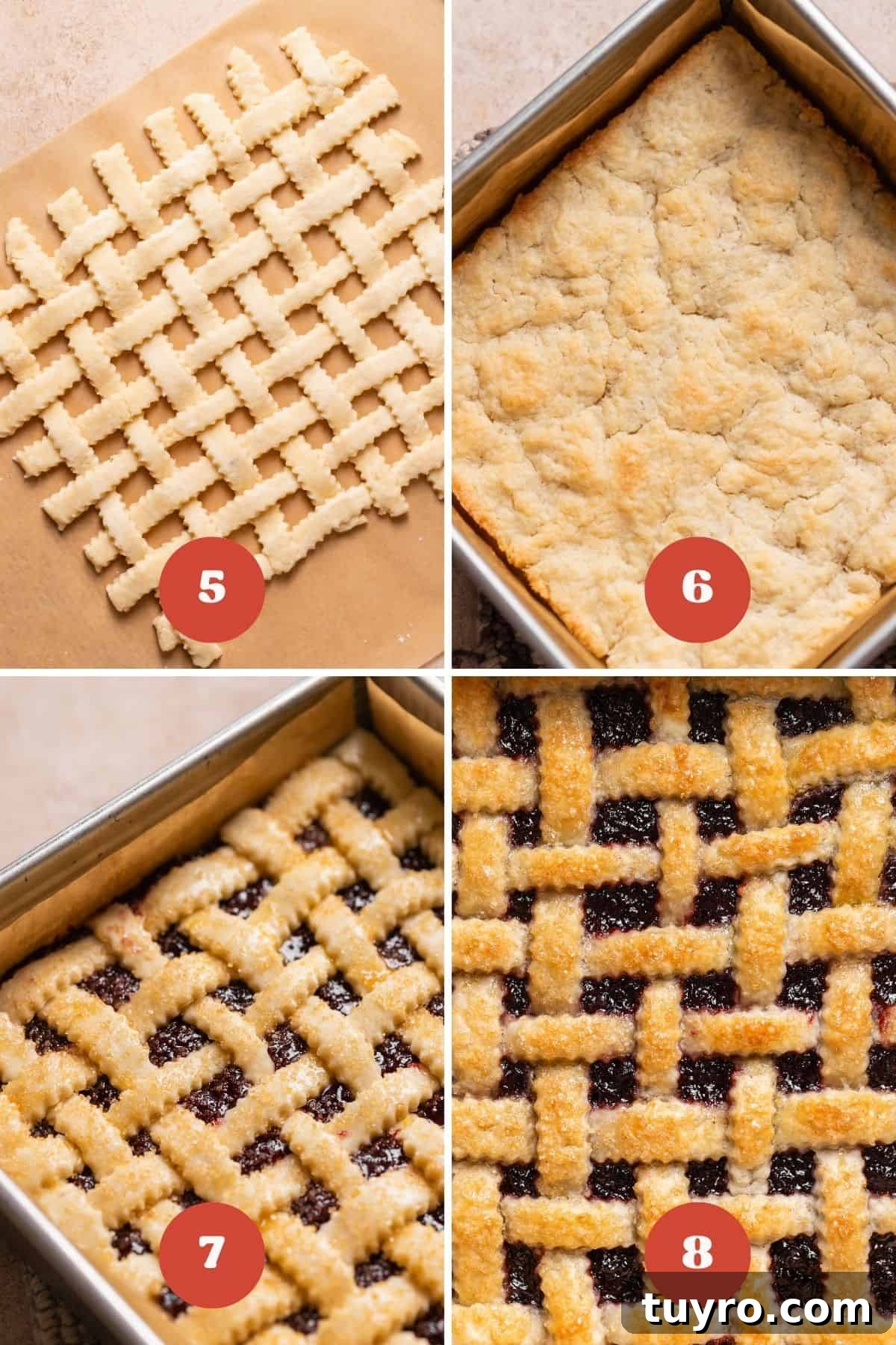Homemade Cherry Pie Bars with Buttery Crust 4 A process collage of the steps for assembling homemade cherry pie bars.