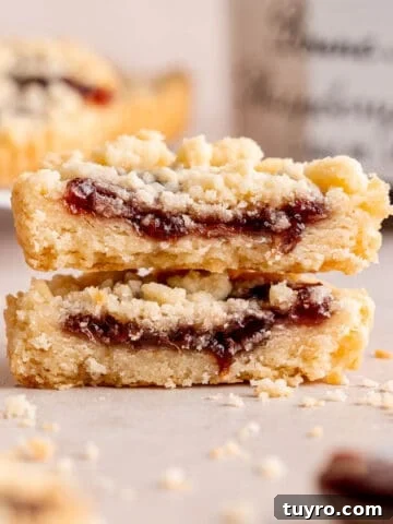 Two halves of a raspberry crumble cookie stacked on top of each other.