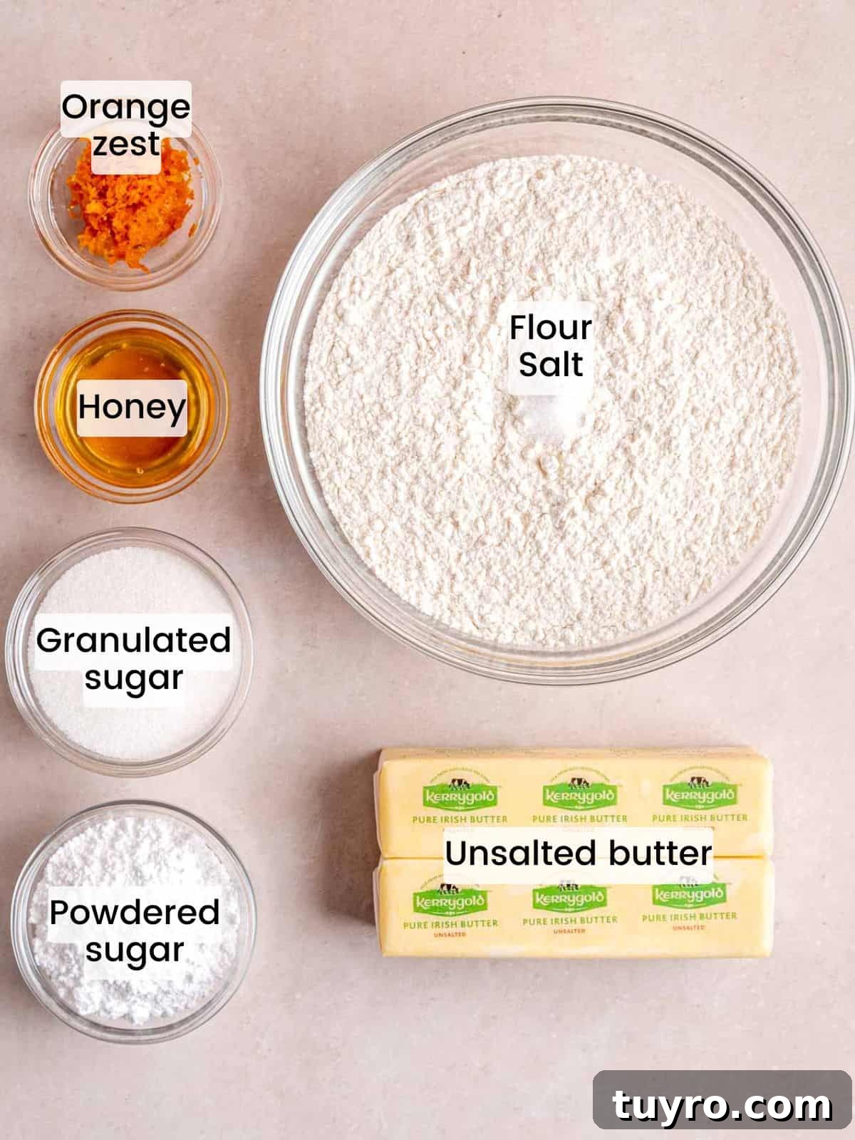 Honey Orange Shortbread Cookies — No-Chill Cut-Out Recipe 3 Ingredients needed to make orange shortbread cookies with honey.