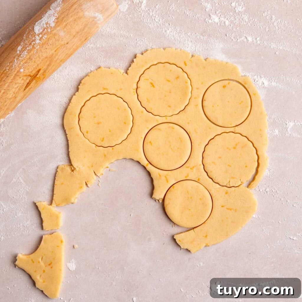 Honey Orange Shortbread Cookies — No-Chill Cut-Out Recipe 8 Orange shortbread dough cut out into circles.