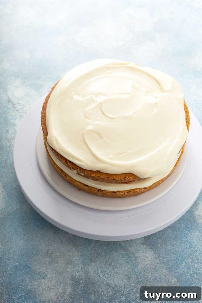 Butter Pecan Cake with Cream Cheese Frosting Recipe 16 assembling the butter pecan cake with the cream cheese frosting