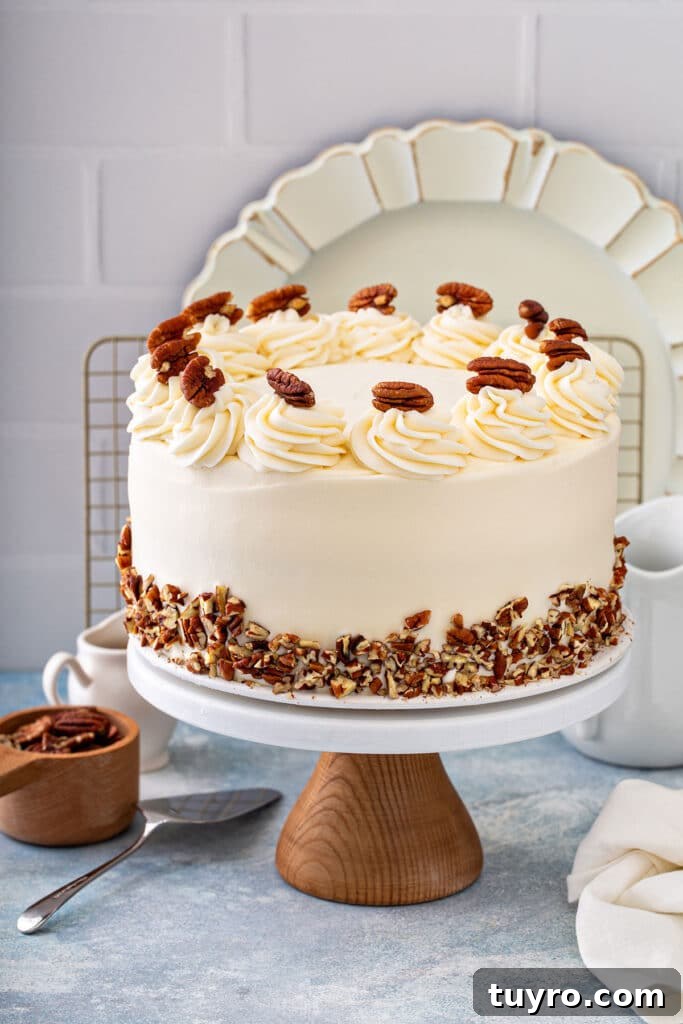 Butter Pecan Cake with Cream Cheese Frosting Recipe 17 Butter Pecan cake frosted with cream cheese frosting and decorated with chopped and whole toasted pecans.