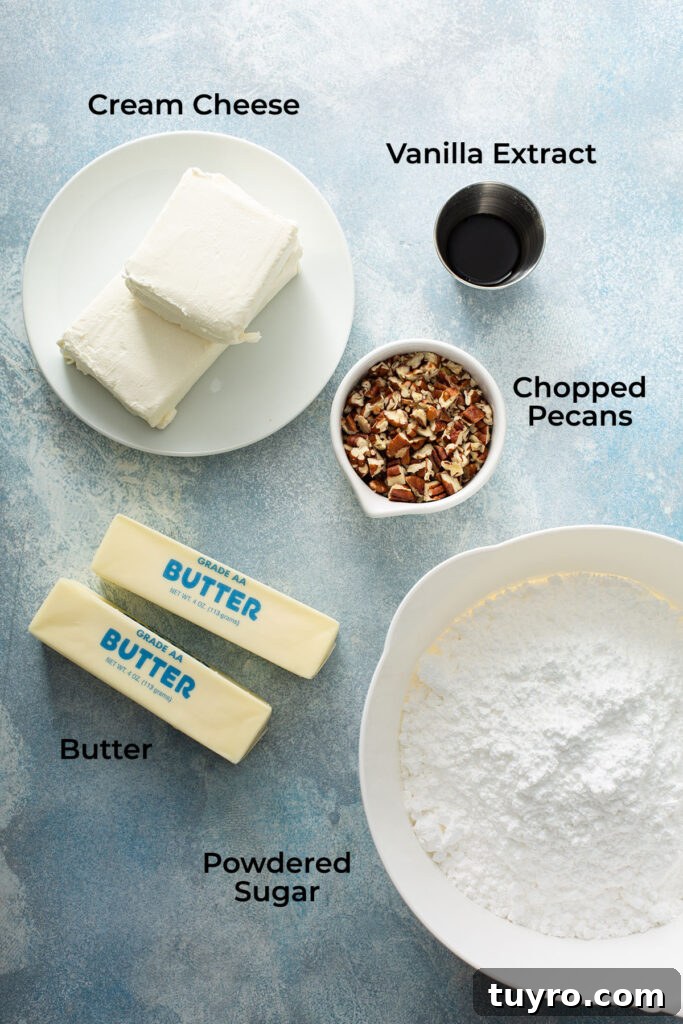 Butter Pecan Cake with Cream Cheese Frosting Recipe 5 Ingredients to make the cake's rich and smooth cream cheese frosting plus additional chopped pecans to decorate the cake.
