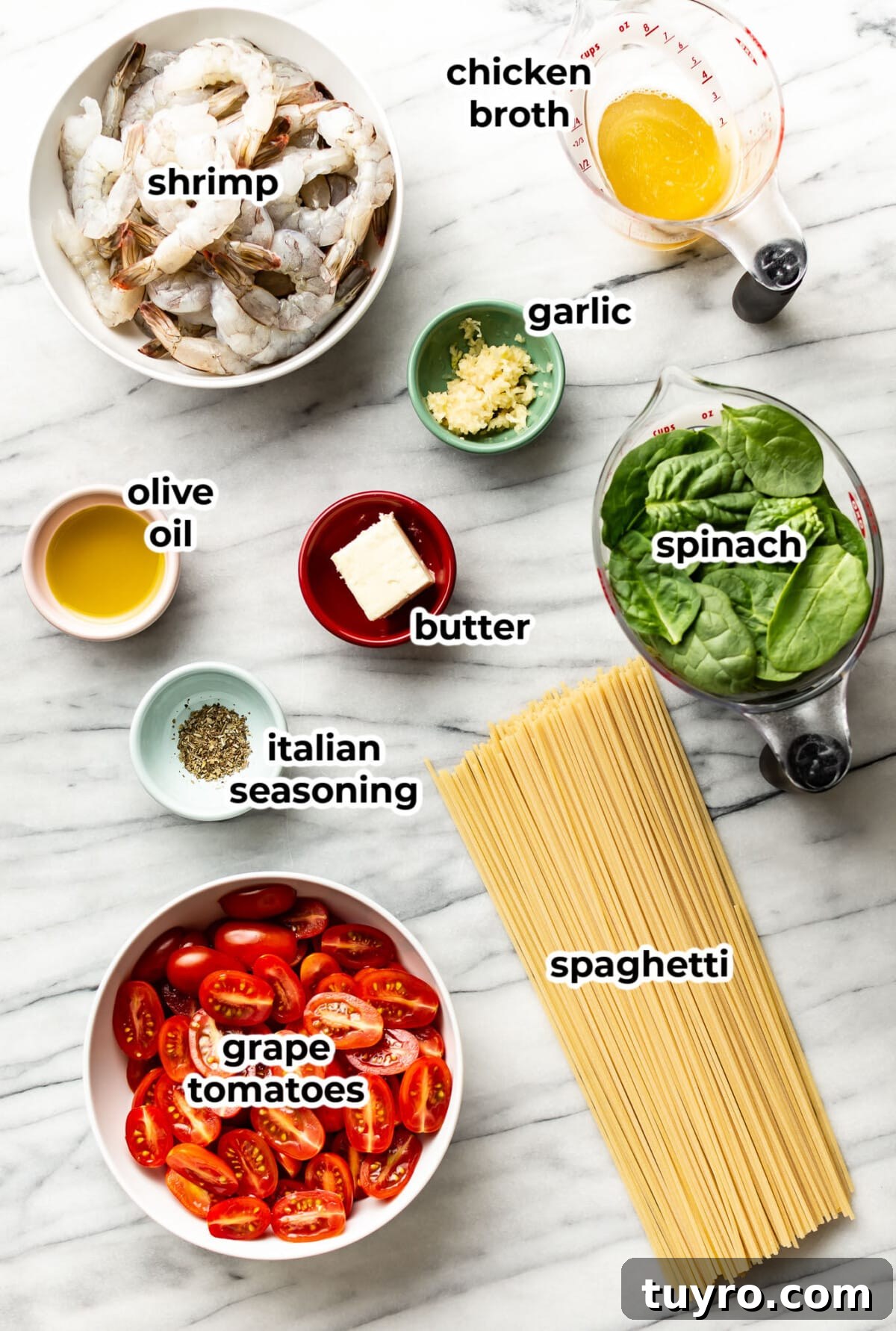 Garlic Shrimp Pasta with Tomato & Spinach Sauce 3 ingredients for tomato spinach shrimp pasta in prep bowls